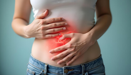 Experiencing abdominal pain, woman holds her stomach in discomfort. image captures struggle of dealing with stomach issues