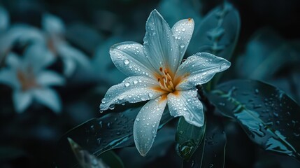 A close-up of a white lily with raindrops, highlighting its delicate beauty and freshness.