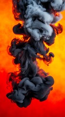 Fototapeta premium Black smoke trails forming bold, jagged textures over a fiery red and orange background, Smoke Texture, Energetic and powerful