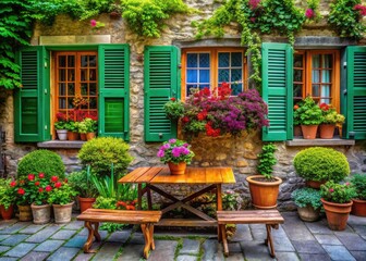 Fototapeta premium Surreal Cottage Garden Close-up: Cute Table, Bench, Chairs, Slate House, Green Shutters, Plants