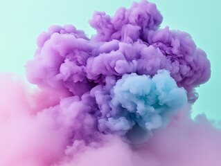 Fototapeta premium Bright turquoise smoke cloud dispersing into soft lavender hues on a soft gradient background, Smoke Art, Calm and harmony