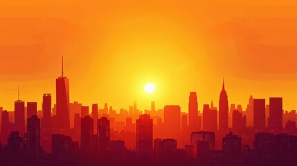 Fototapeta premium A vibrant sunset over a city skyline, showcasing silhouettes of buildings against the sun.