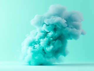 Naklejka premium Bright turquoise smoke cloud dispersing into soft lavender hues on a soft gradient background, Smoke Art, Calm and harmony