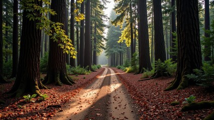 Obraz premium A sunlit path winds through a lush forest, framed by towering trees and dappled light, inviting exploration into nature's embrace