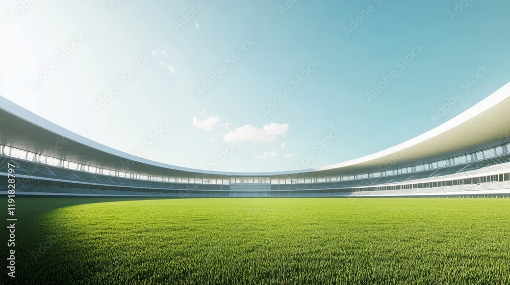 Poster lush green playing field stretches out within a modern, elliptical stadium, bathed in the warm glow 