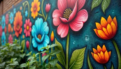Colorful floral graffiti art adorns city wall. Vibrant flowers in various shades of pink blue orange, yellow. Detailed leaves, stems complement design. Plants grow near painted wall. Urban style,