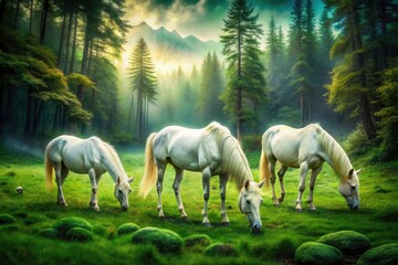 Fototapeta premium Surreal White Horses Grazing Pasture Forest Dreamy Fantasy Art