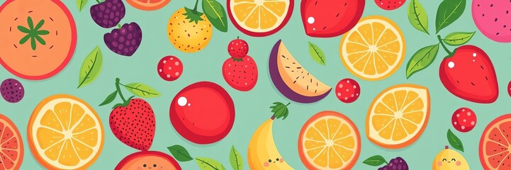 Repeating cartoon fruits pattern with lemons oranges bananas strawberries watermelon, ripe, fruit, artistic