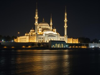 Fototapeta premium Reflection of a mosque illuminated at night mirrored in calm water, creating a serene and spiritual scene, photo, architecture, illuminated