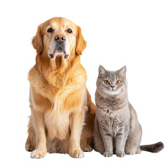 Fototapeta premium Golden Retriever Dog and British Shorthair Cat Sitting Together Studio Shot