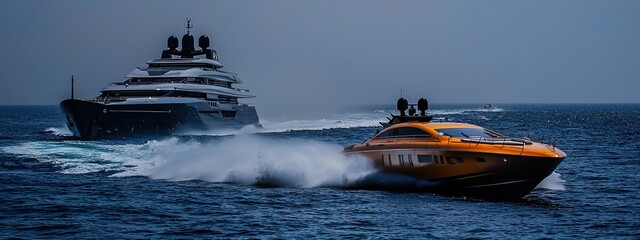Fototapeta premium Speedboat races alongside luxury yacht on open water during daylight