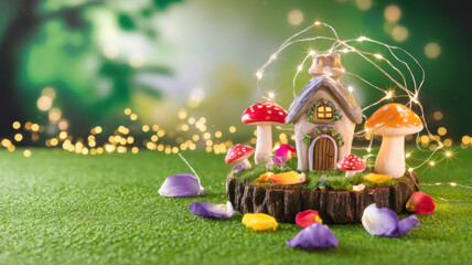 Fototapeta premium Enchanting Fairy House Mushrooms Lights Spring Flowers Fantasy Scene