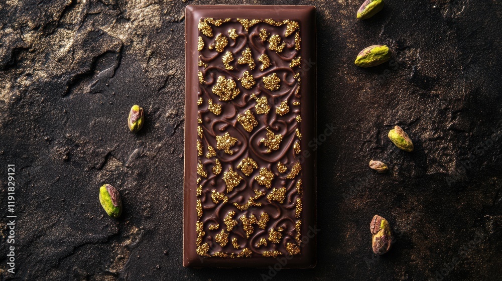 Poster pistachio filled chocolate bar with arabic motifs and golden embellishments on a textured surface. g