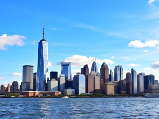 Fototapeta premium Scenic view of downtown Manhattan skyline from the water with the Freedom Tower in the center under a clear blue sky with white clouds, cityscape, skyline, downtown