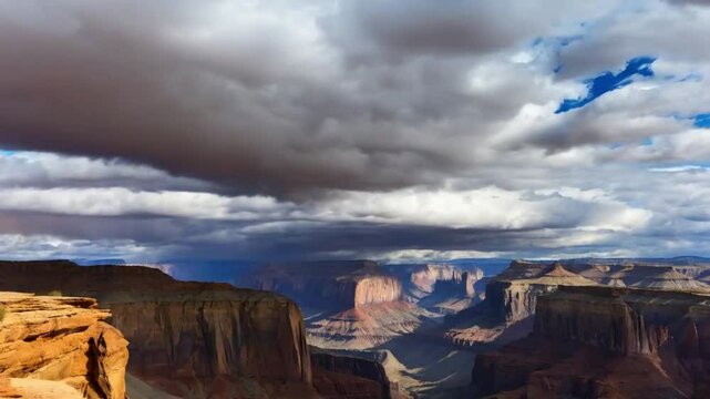 Time-lapse view of clouds moving over a desert canyon, dramatic sky, nature landscape, wide outdoor scene.