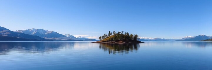 Fototapeta na wymiar Small Patagonian island in the middle of a tranquil lake, surrounded by dense trees and untouched nature, adventure, tranquil, South America