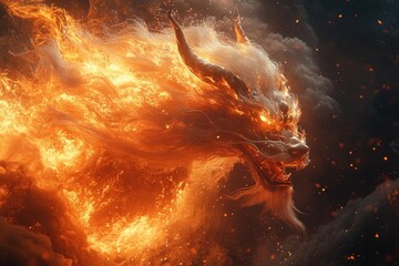 Fototapeta premium Fiery dragon head engulfed in flames.