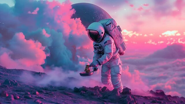 Astronaut cooking a meal on a strange alien planet, blending the ordinary with the extraordinary