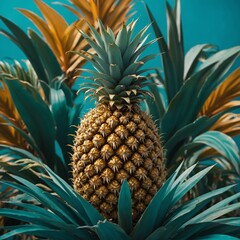 A golden pineapple with its spiky leaves on a tropical-themed background of teal and gold.