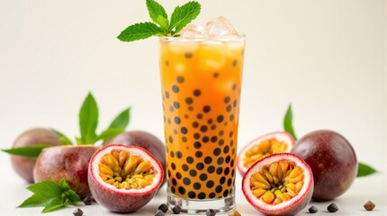 Fototapeta premium Refreshing Passion Fruit Boba Tea with Ice and Mint Garnish