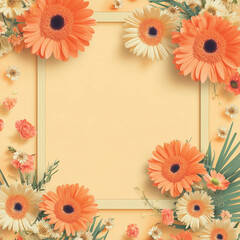Obraz premium Spring Floral Frame Banner Design with Extra Space for Text on Light Orange Background. Ai generative