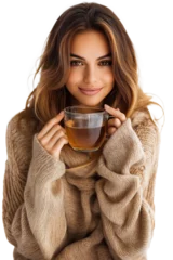 Gordijnen beautiful brunette woman enjoying hot tea isolated on transparent background © Majed