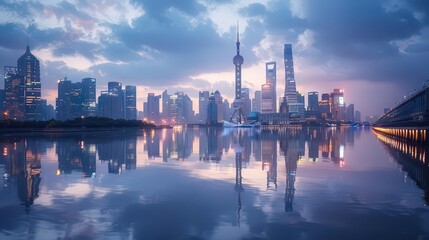 Fototapeta premium A serene view of a city skyline reflected in water during twilight.