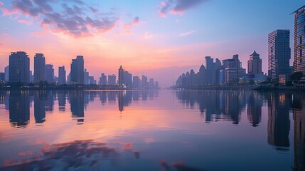 Obraz premium Serene cityscape at dusk reflecting on water, showcasing urban skyline and colorful sky.