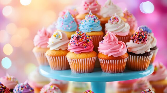 Colorful frosted cupcakes displayed on a tiered stand