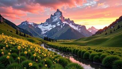 Sunlit river meanders through vibrant yellow wildflowers on a lush green slope, bordered by a gentle stream, creating an idyllic landscape under clear skies