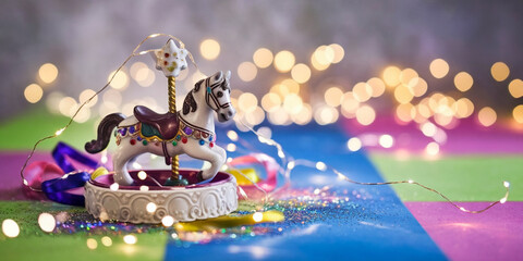 Fototapeta premium Festive Carousel Horse Miniature with Fairy Lights and Glitter