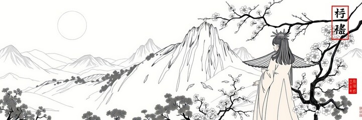Vector illustration of a woman surrounded by nature and flowers, with a Japanese-Chinese oriental line art ink style, perfect for cards or backgrounds, line art, Chinese, oriental