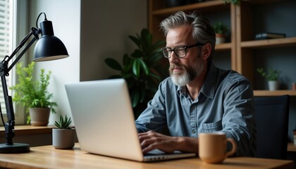 Mature man works on laptop at home office. Sits at desk, browses internet. Mid-age man uses laptop for online activity. Focused on screen. Home office interior with plants, lamp. Casual attire, happy