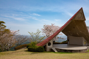桜の下の公園のコンサートステージ