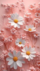 Close-up of a 3D rendered floral arrangement featuring white daisies and delicate pink blossoms against a soft pink background.