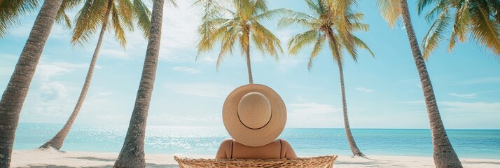 Woman wearing straw hat relaxing on beach chair enjoying the turquoise sea view between palm trees during summer vacation in a luxury resort