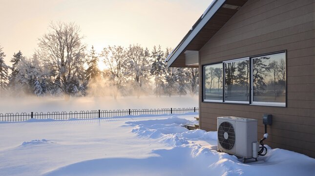 Winter Sunrise Heat Pump Outside Modern Home