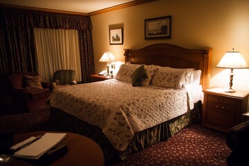 Cozy and Elegant Hotel Room Featuring a Spacious Bed, Warm Lighting, and Classic Decor, Perfect for Relaxing Getaways or Business Travel Accommodations