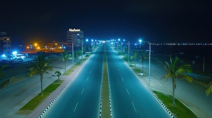Night Cityscape: Illuminated Highway by the Sea