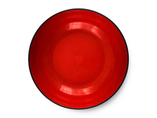 Top view of empty black and red plastic bowl isolated on white background with clipping path....