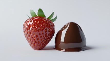 56.A fresh, vibrant strawberry placed next to a pool of glossy melted chocolate on a clean white background. The strawberry is plump and bright red, with a green leafy top, contrasting sharply with
