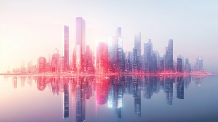 Fototapeta premium Futuristic city skyline reflected in calm water at dawn.