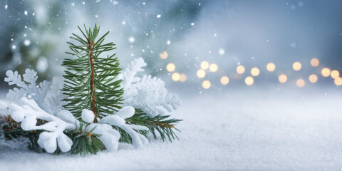 Obraz premium Snowy Winter Wonderland Festive Pine Branch Snowflakes Lights