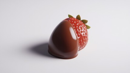 58.A close-up of a juicy strawberry positioned beside a glossy chocolate coating on a plain white background. The chocolate forms a smooth puddle with delicate reflections, highlighting its creamy