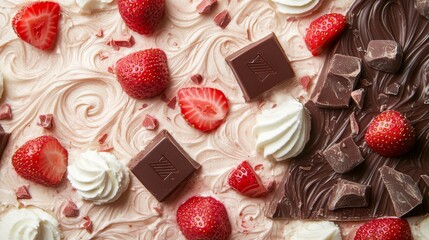 86.A luxurious chocolate board adorned with lace-like patterns, featuring vibrant ruby chocolate chunks, strawberries, and swirls of cream, set against a soft pastel backdrop.