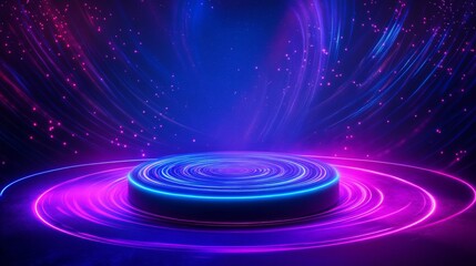 Fototapeta premium 16.A magical neon vortex effect with swirling lines of energy and glowing blue rings. The pedestal sits at the center of a glowing stage, surrounded by luminous patterns, sparkling effects, and