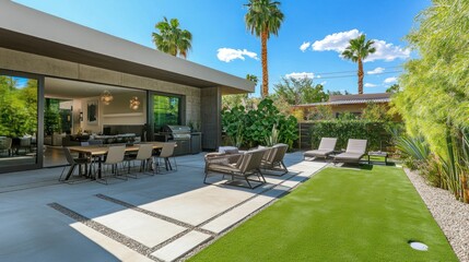 Modern outdoor patio with a dining table, lounging chairs, and a grill in the backyard