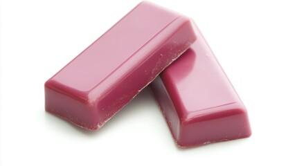117.A pair of glossy strawberry-infused chocolate bars in rich pink hues, aligned perfectly for a vertical composition against a clean white backdrop.
