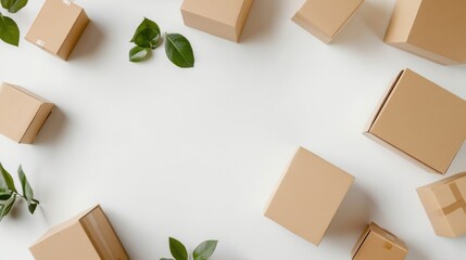 Aesthetic Arrangement of Simplistic Brown Boxes Surrounded by Green Leaves on a Clean White Surface Ideal for Eco-Friendly Packaging Themes and Minimalist Designs