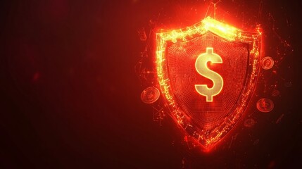 Fiery digital shield protects the dollar sign, symbolizing financial security in a vibrant red glow.